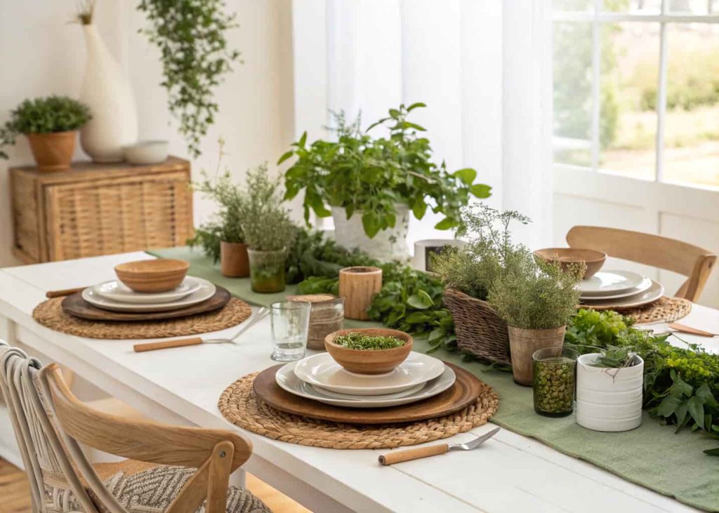 Garden inspired dining table with greenery garland, potted herbs, natural tableware, wooden accents, bright natural light dining setup.