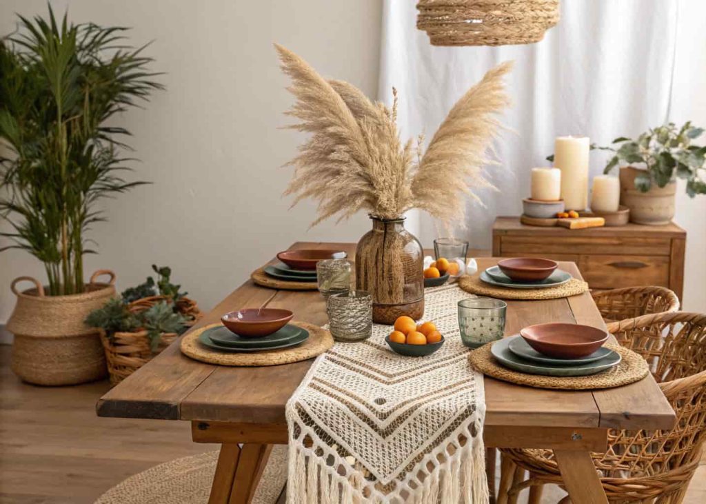 Boho style tablescape with macrame runner, pampas grass centerpiece, mixed plates, warm cozy bohemian dining setup.