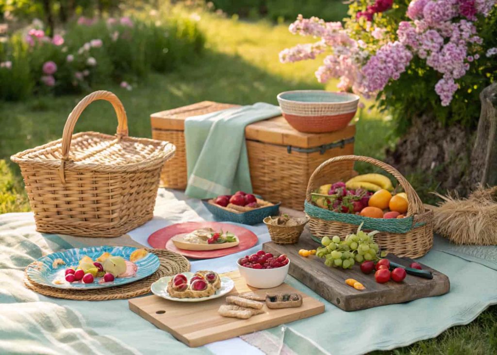 Outdoor picnic tablescape with woven baskets, wooden serving boards, colorful plates, garden setting with natural sunlight.