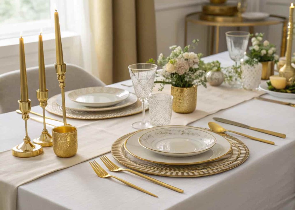Elegant dining table with gold cutlery, gold candle holders, neutral plates, luxury tablescape styling