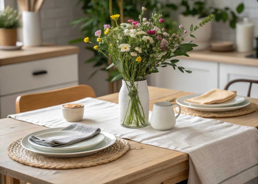 Elegant white and gold tablescape with white dinner plates, gold cutlery, white roses centerpiece in gold vase, candles, luxury dining table setting, soft warm lighting.