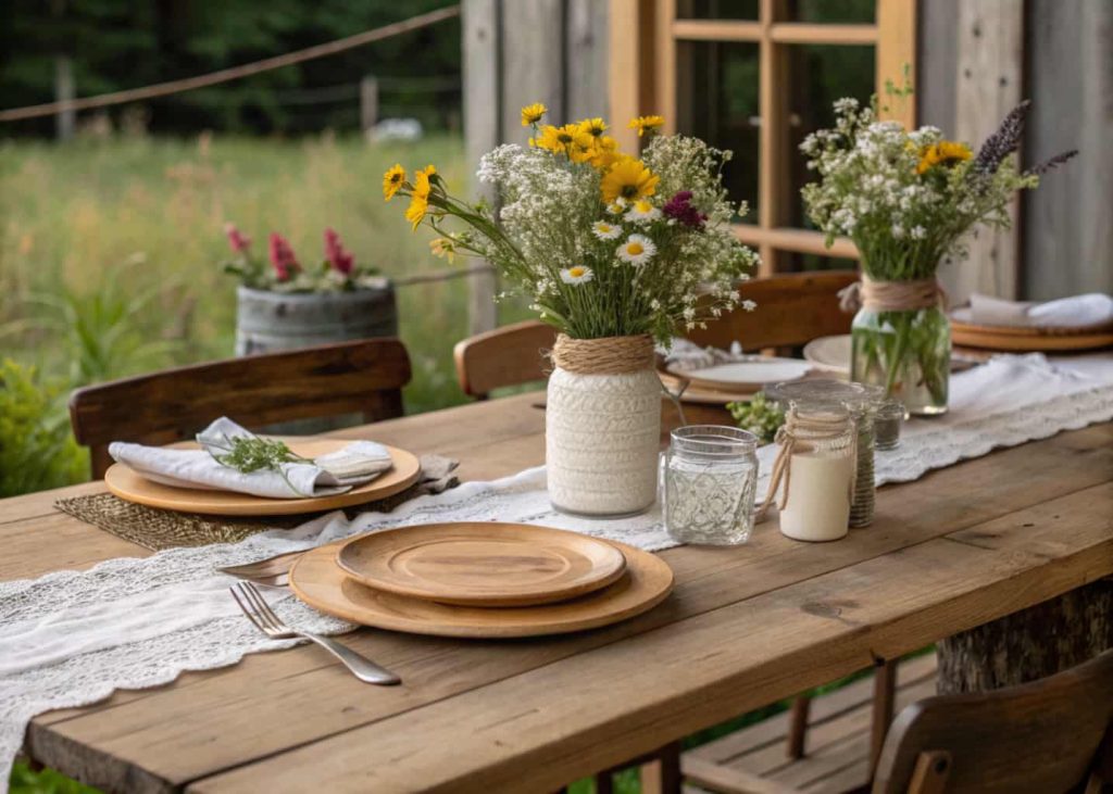 Rustic farmhouse tablescape with wooden dining table, mason jars filled with wildflowers, linen napkins, wooden chargers, cozy farmhouse dining setup.