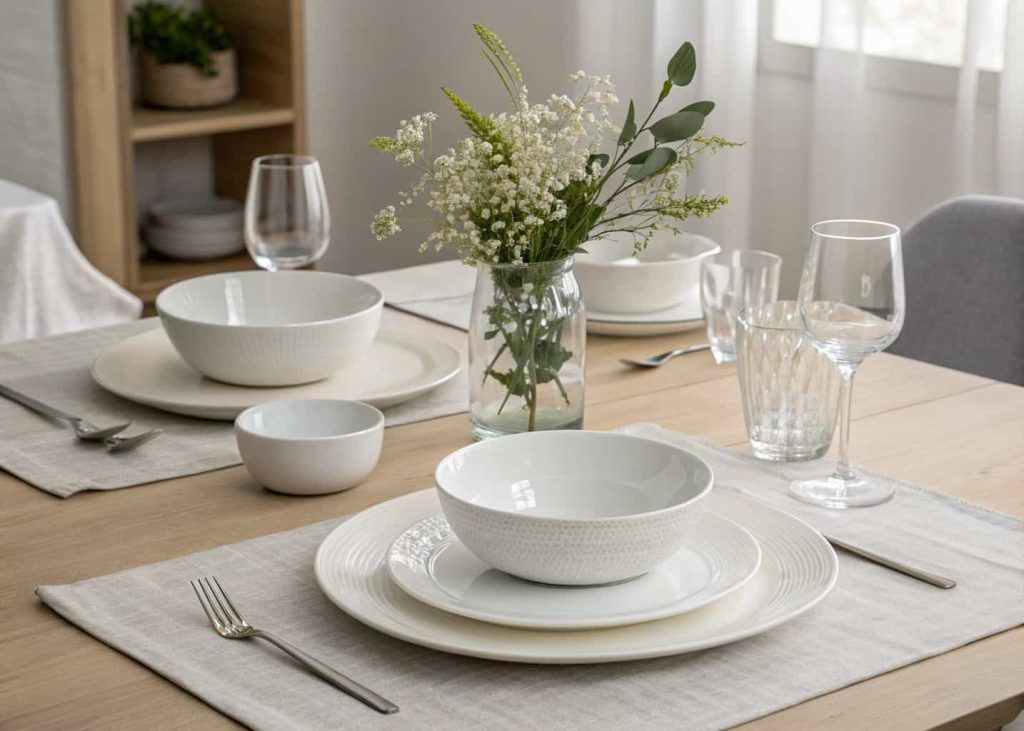 Minimalist tablescape with neutral colors, simple white plates, modern glassware, small floral centerpiece, clean elegant dining table.