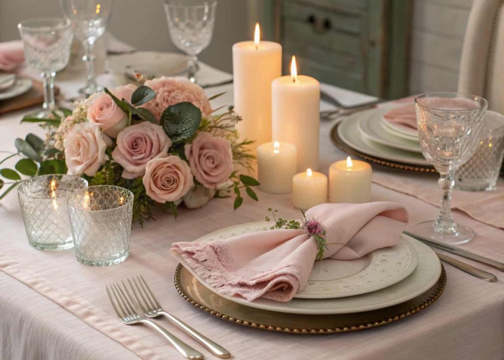 Romantic candlelight tablescape with blush linens, rose centerpiece, multiple glowing candles, elegant dinner table setting.