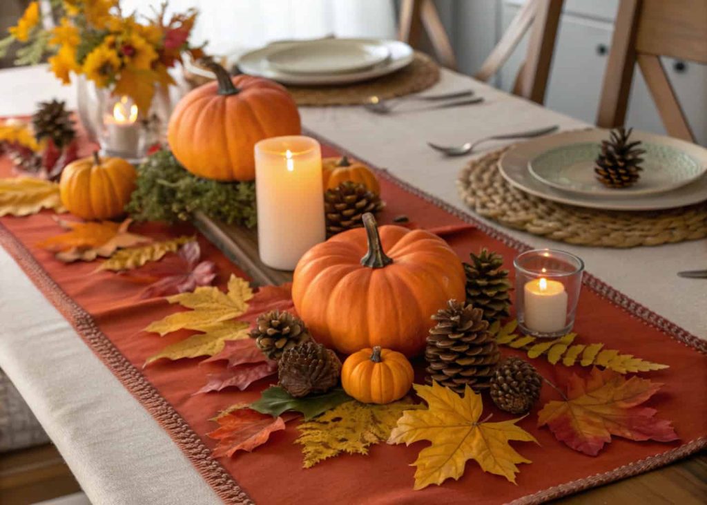 Autumn tablescape with pumpkins, pinecones, fall leaves, warm colored table runner, cozy candlelight dining table.
