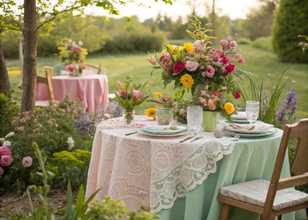 Garden tablescape with fresh flowers, pastel table linens, greenery accents, bright spring dining table setting.