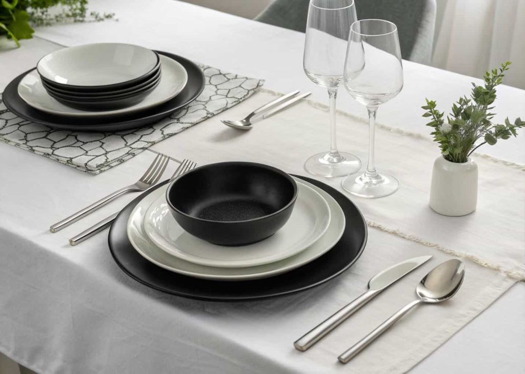 Black and white elegant tablescape with black plates, white tablecloth, silver cutlery, modern dining table setup.
