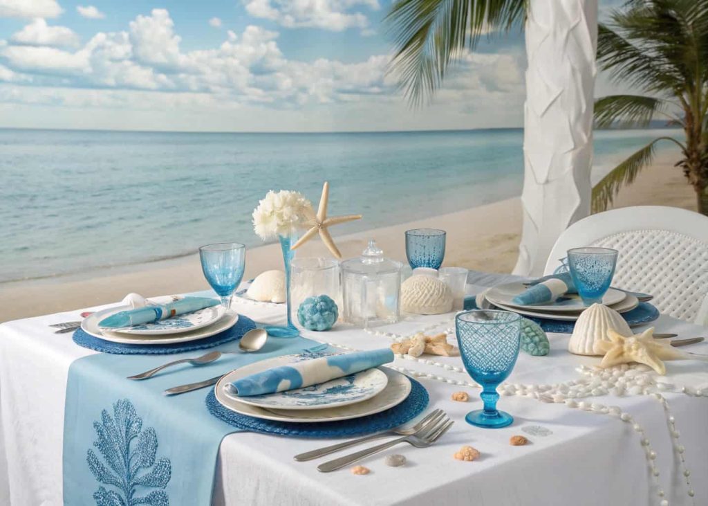 Coastal tablescape with blue and white colors, seashell decorations, beach inspired dining table setting