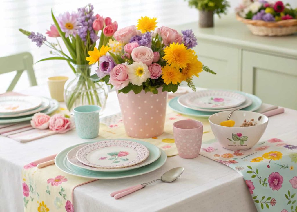 Spring floral tablescape with pastel tablecloth, colorful flowers, bright cheerful dining table setup.