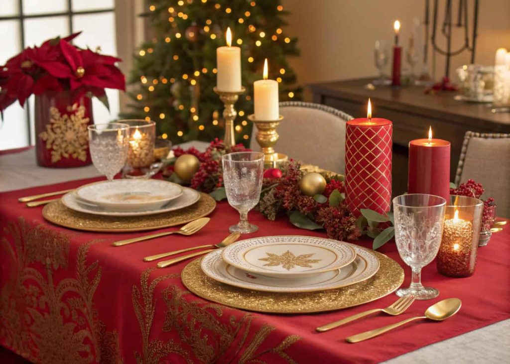 Holiday tablescape with red and gold decorations, candles, festive elegant dining table.