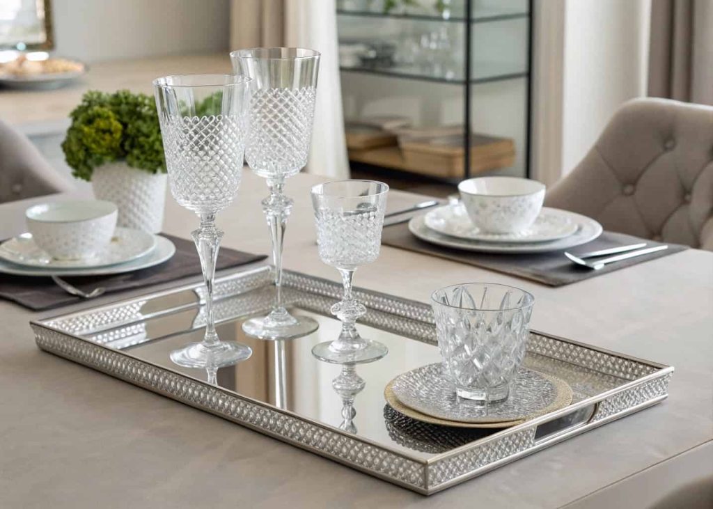 Modern glass tablescape with crystal glassware, mirrored centerpiece tray, elegant reflective dining table.