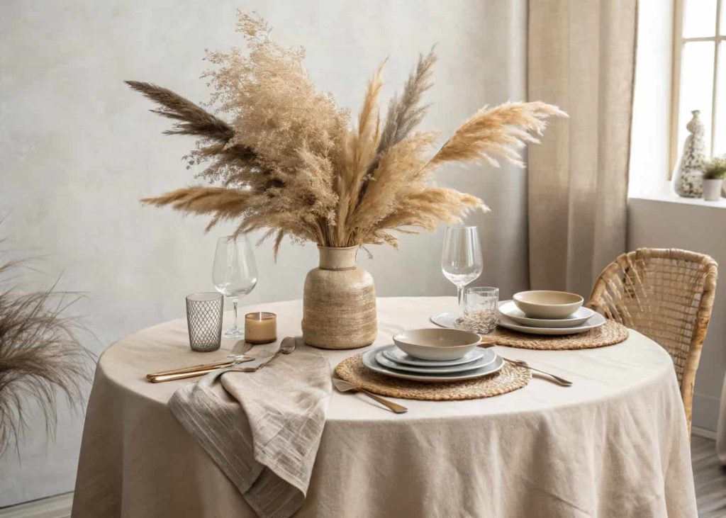 Neutral tablescape with beige linens, pampas grass centerpiece, soft elegant dining table setup.