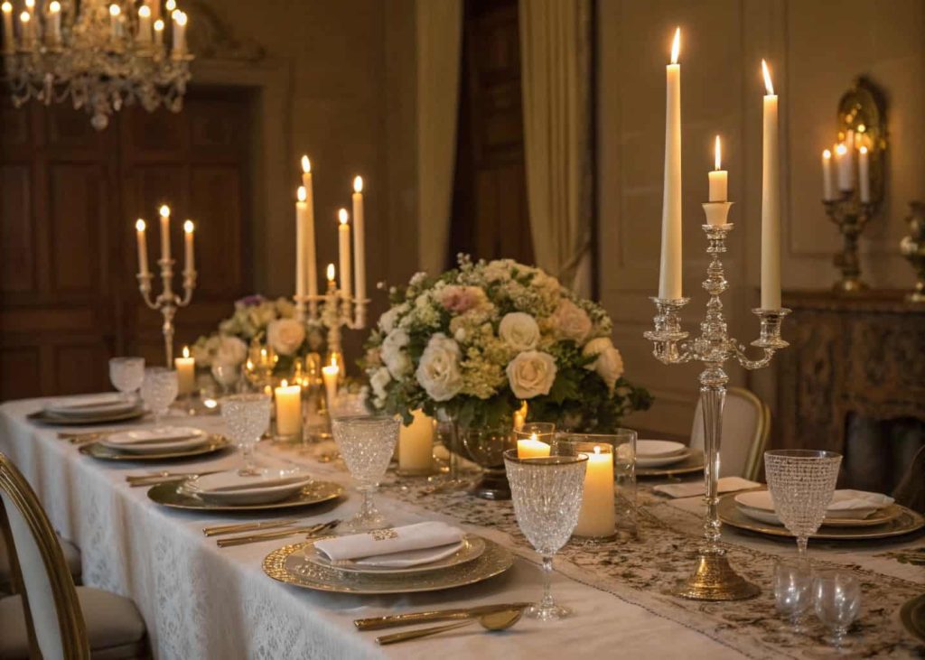 Luxury dinner party tablescape with tall candles, elegant dinnerware, lush floral centerpiece, sophisticated dining table setting.