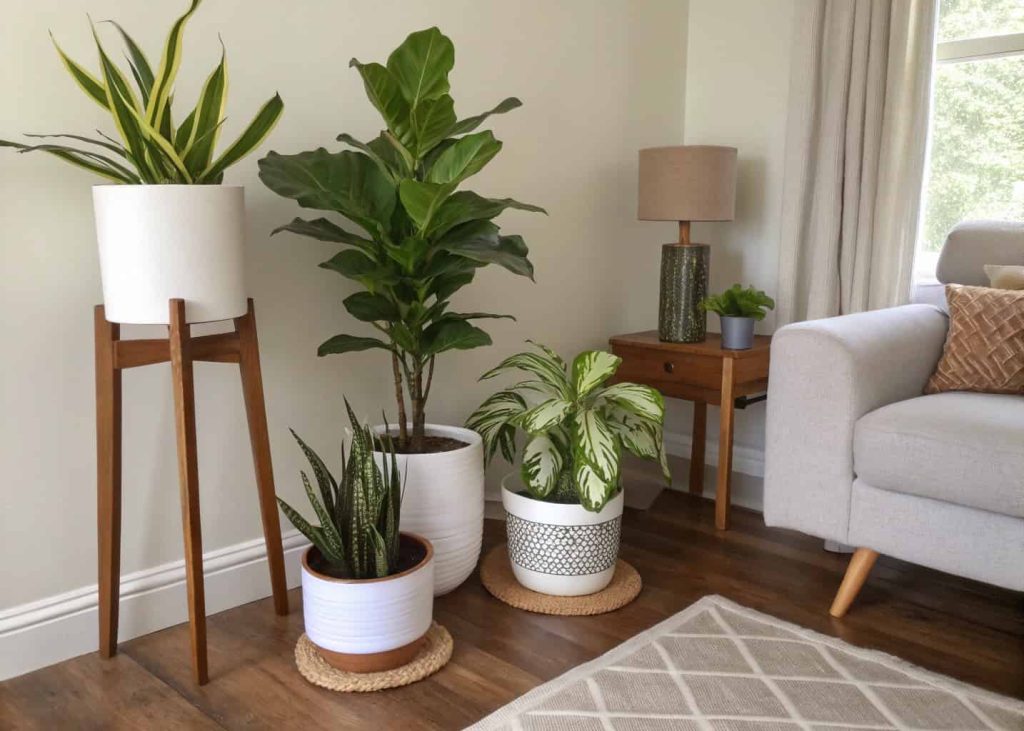 Living room corner with various indoor plants in decorative pots and stands.