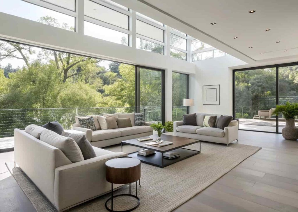 Modern living room showing a new furniture layout with plenty of space and natural flow.
