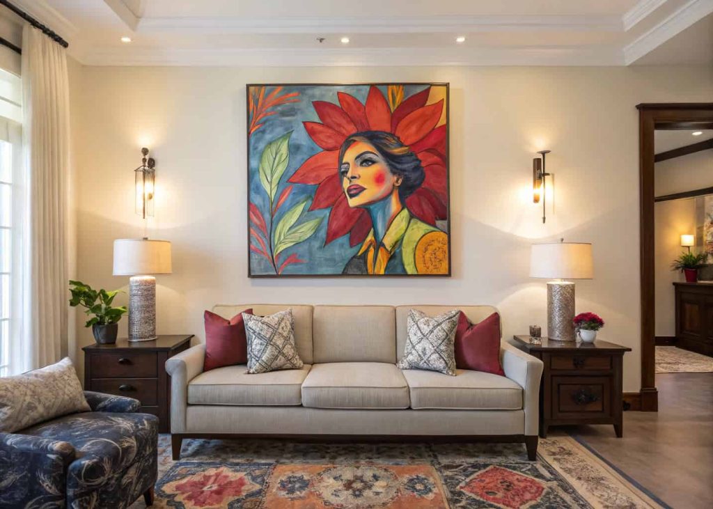Living room with a bold, colorful statement painting above the sofa.