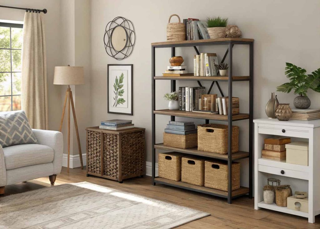 Living room with decorative shelves, baskets, and organized storage furniture.