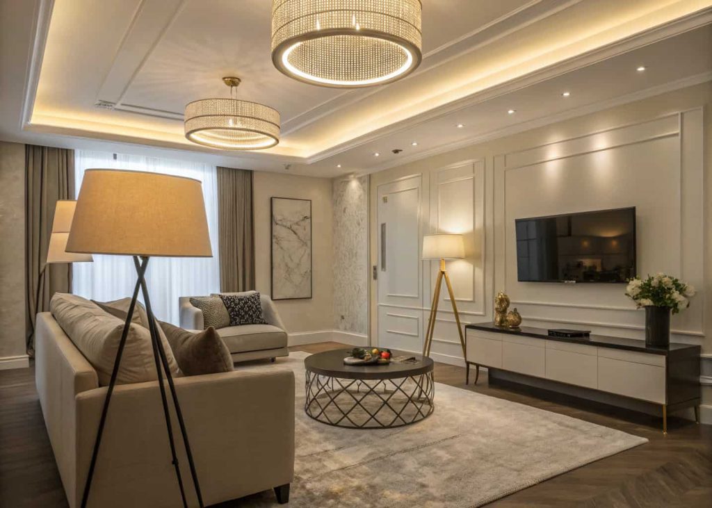 Modern living room with layered lighting, including ceiling lights, a floor lamp, and table lamps.