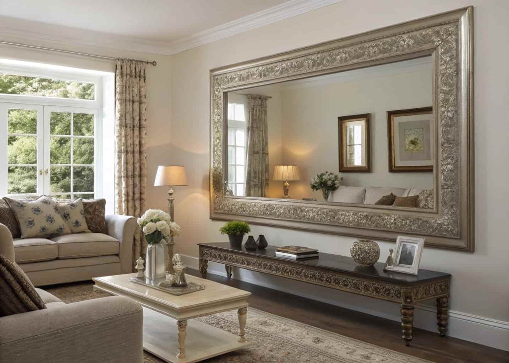 Living room with a large decorative mirror reflecting a window.