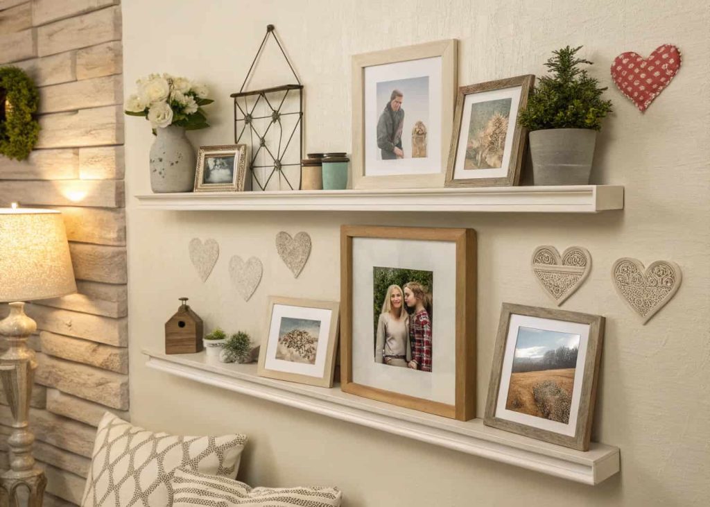 Cozy wall with framed family photos and small decorative souvenirs on floating shelves.