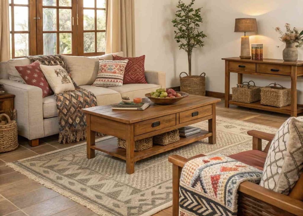 Living room with a mix of textured cushions, rugs, and wooden furniture.