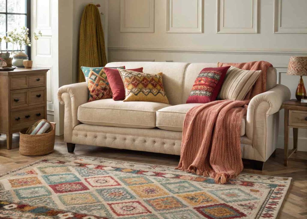 Living room with colorful cushions, soft throw, and a patterned area rug.
