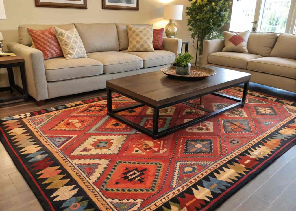 Living room with a bold patterned rug under the coffee table and sofa.