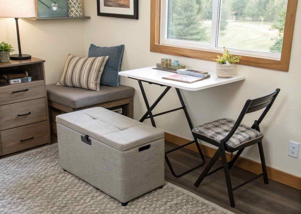 Small living area with a storage ottoman and foldable table.