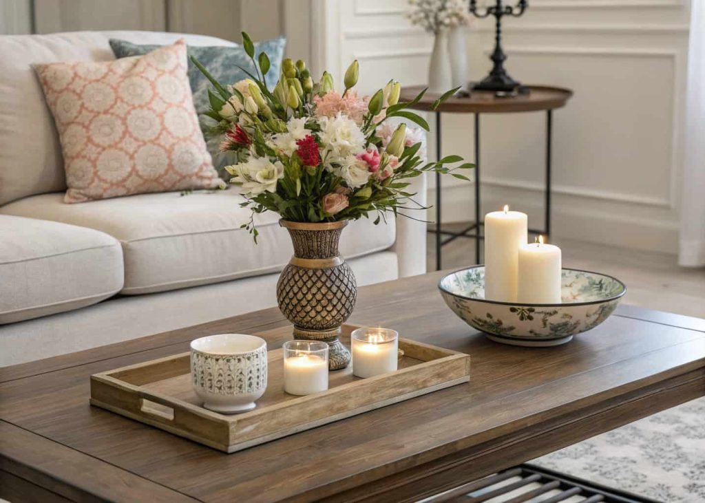 Coffee table with a small vase, candles, and decorative bowl.