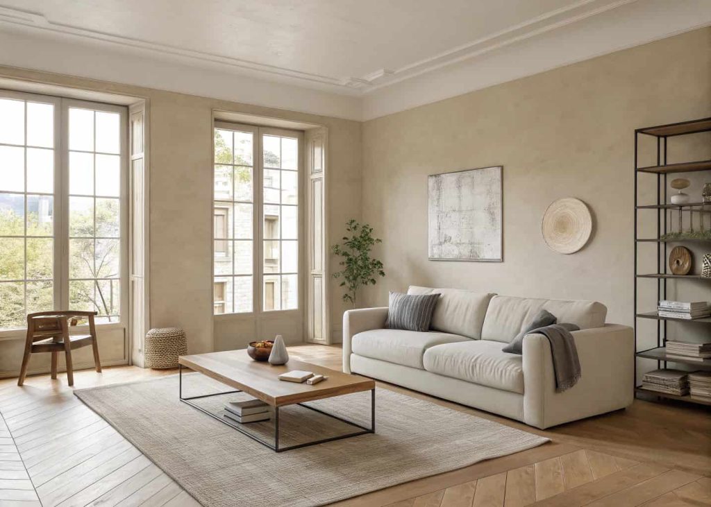 Modern minimalist living room with neutral tones and simple furniture.