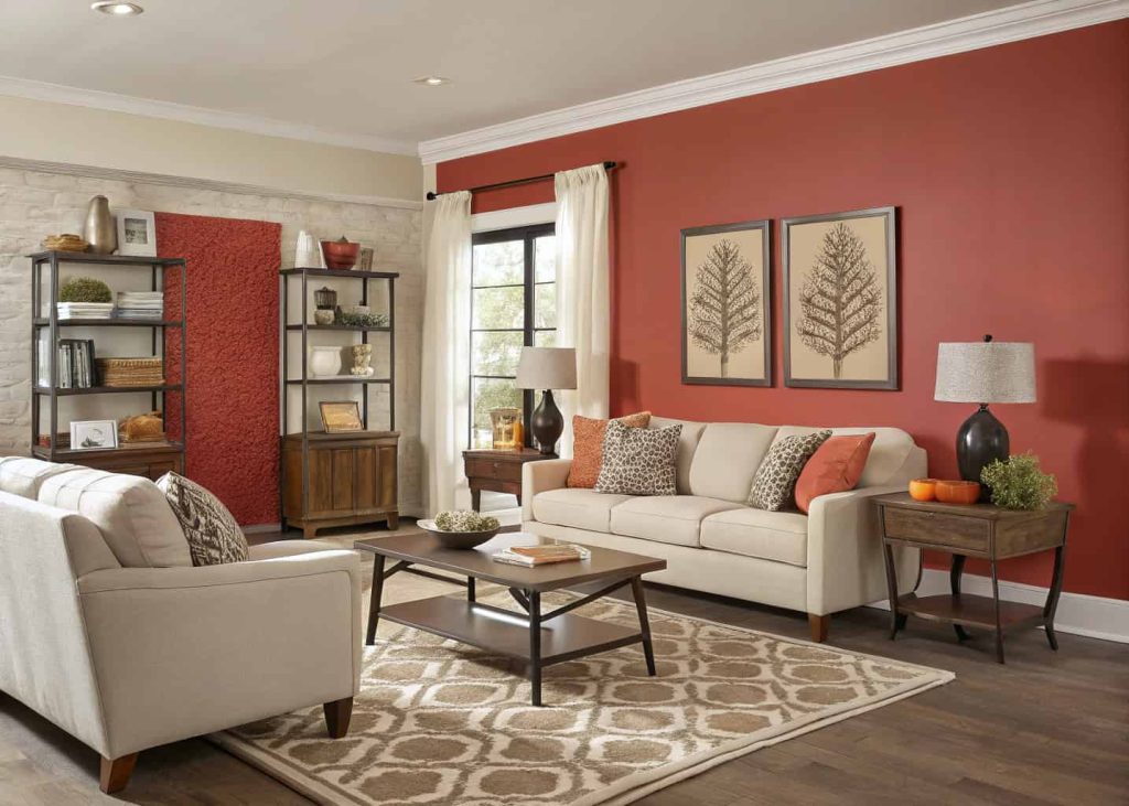 Living room with one accent wall painted in a bold color, complemented by neutral furniture.