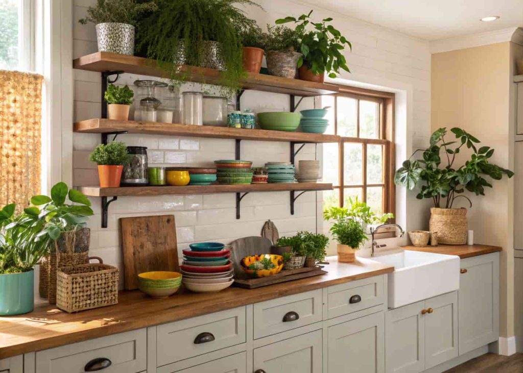 Kitchen with open wooden shelves displaying plants, dishes, and decorative items.