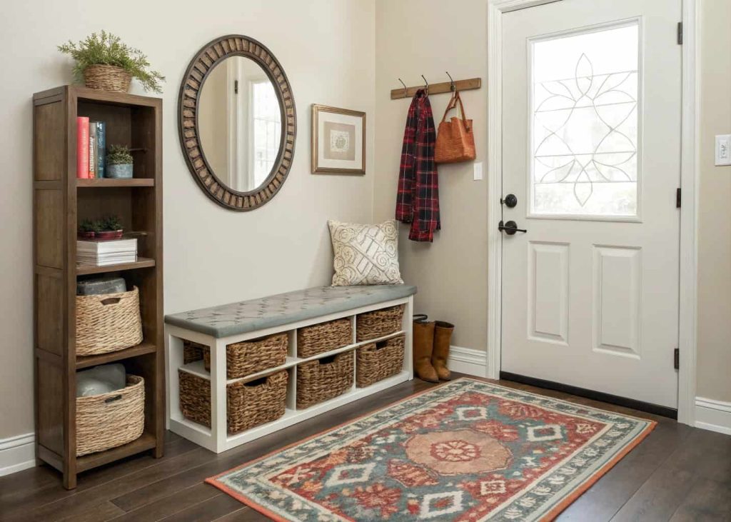 Entryway with a small bench, decorative rug, mirror, and organized storage baskets.