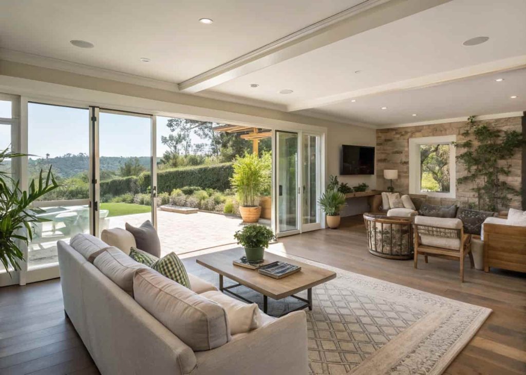 “Modern open-plan living room seamlessly connected to outdoor patio with sliding glass doors, neutral tones, natural light, cozy furniture, potted plants, wide-angle view.”
