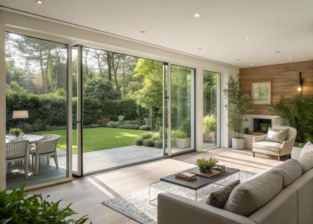 “Elegant living room with folding glass doors opening to a green garden, natural light, modern furniture, seamless indoor-outdoor flow, daytime.”