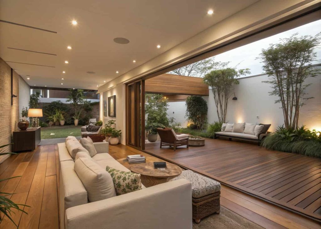 “Indoor living room extending to outdoor patio with matching wood flooring, cozy furniture, soft lighting, plants around, modern aesthetic.”