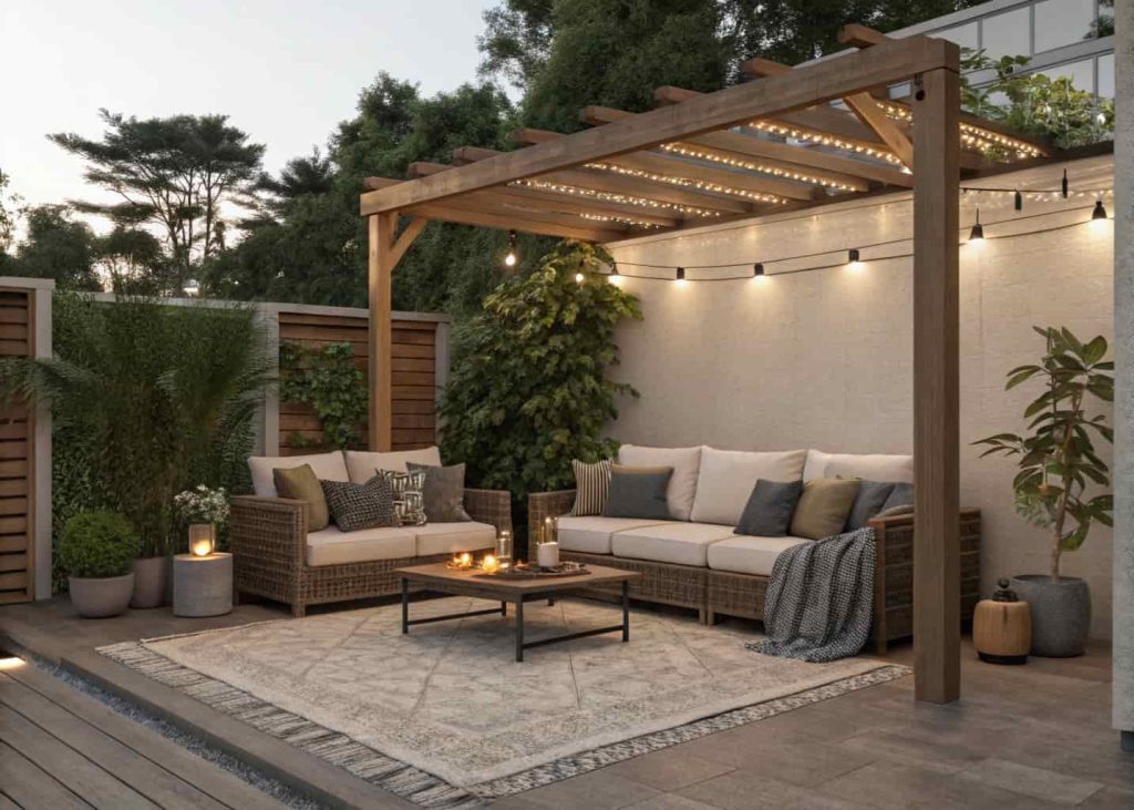 Cozy outdoor living room on a patio with sofa, coffee table, rug, throw pillows, pergola, ambient lighting, plants, natural feel.”