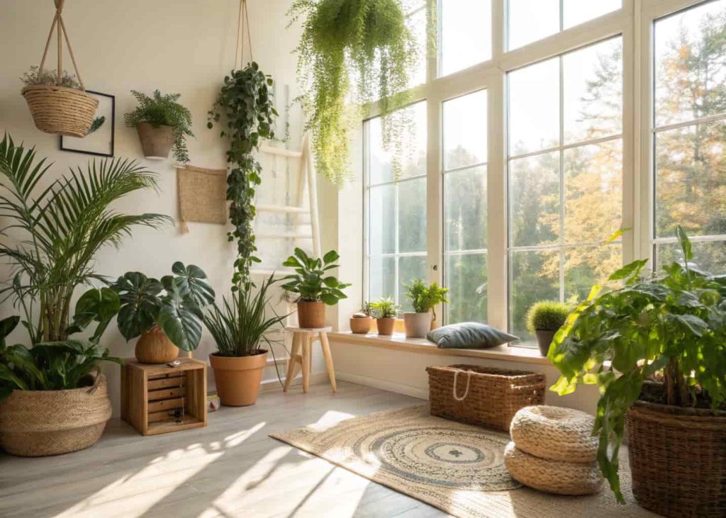 Bright indoor space with various potted plants, hanging greenery, sunlight streaming through windows, natural textures, cozy modern design.”