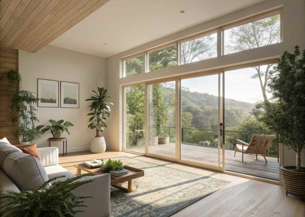 Sunlit living room with large windows, light-colored walls, minimal furniture, plants, natural light filling the space, indoor-outdoor connection.”
