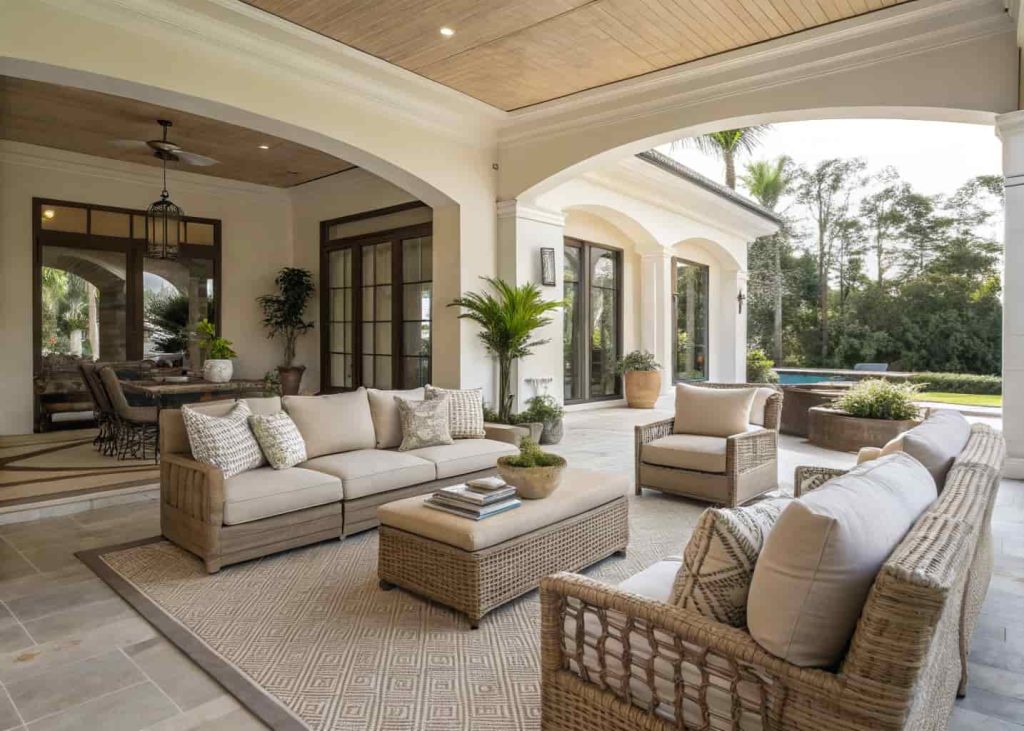 “Indoor and outdoor living areas with matching furniture, neutral tones, coordinated cushions and rugs, seamless visual flow.”