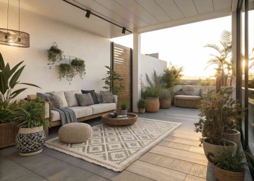 Patio with outdoor rug, cozy seating, plants, modern decor, sunlight, creating indoor-outdoor connection.”