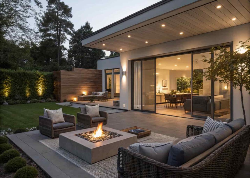 “Outdoor fire pit with seating, ambient lighting, modern decor, cozy evening atmosphere, seamless indoor-outdoor feel.”