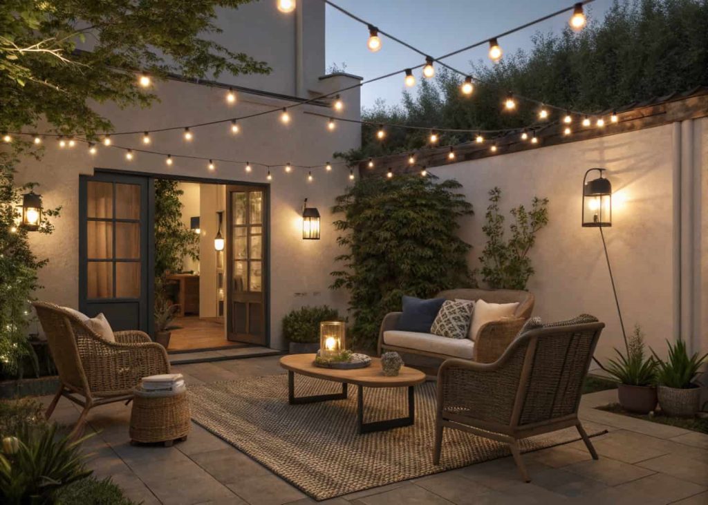 Outdoor patio with string lights, lanterns, seating area, evening ambiance, cozy seamless indoor-outdoor design.”