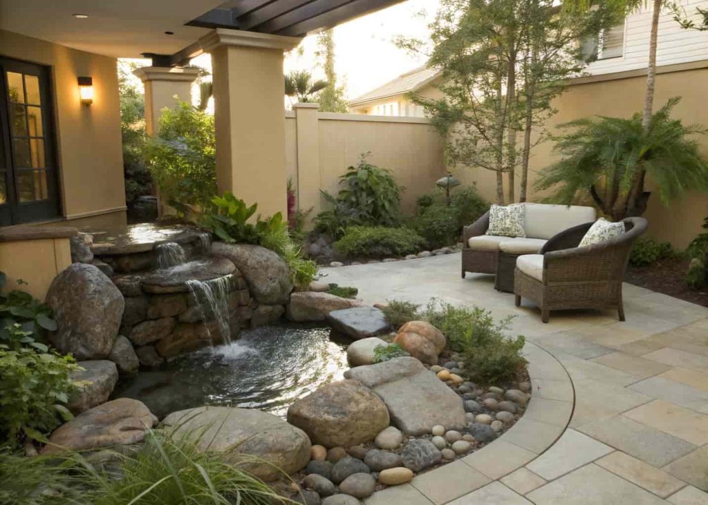 Patio with small water fountain, rocks, plants, seating nearby, natural light, indoor-outdoor harmony.”
