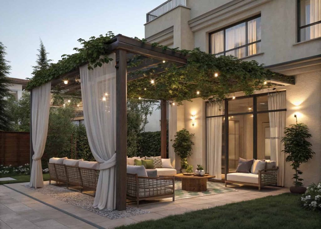 Outdoor patio with pergola, climbing plants, curtains, seating, seamless connection to indoor space, cozy and stylish.”