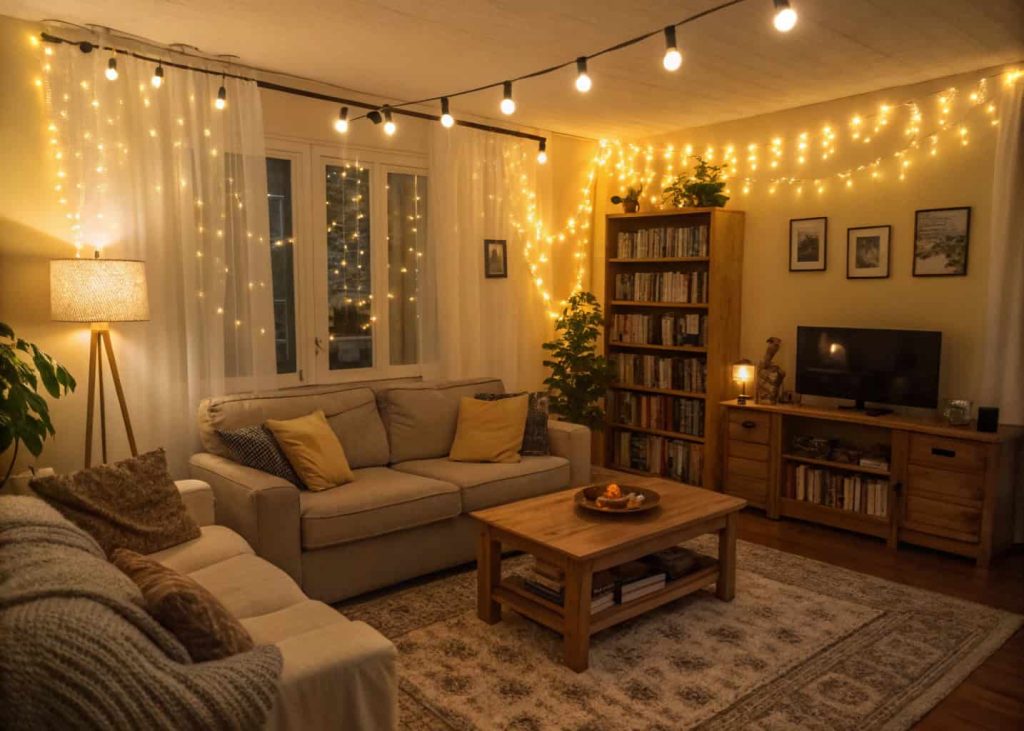 A cozy living room with soft yellow lighting, warm lamps, fairy lights, and a comfortable sofa corner.