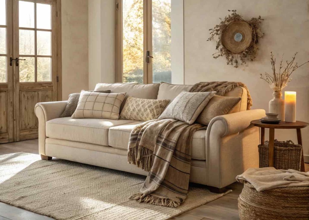A sofa with layered cushions and throw blankets, soft rug on the floor, warm neutral tones.
