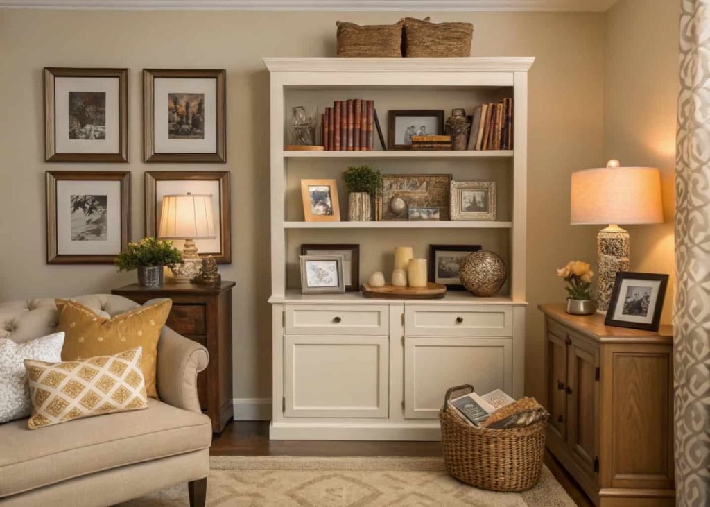 A living room shelf with framed photos, small decorative items, warm neutral colors, cozy and inviting atmosphere.