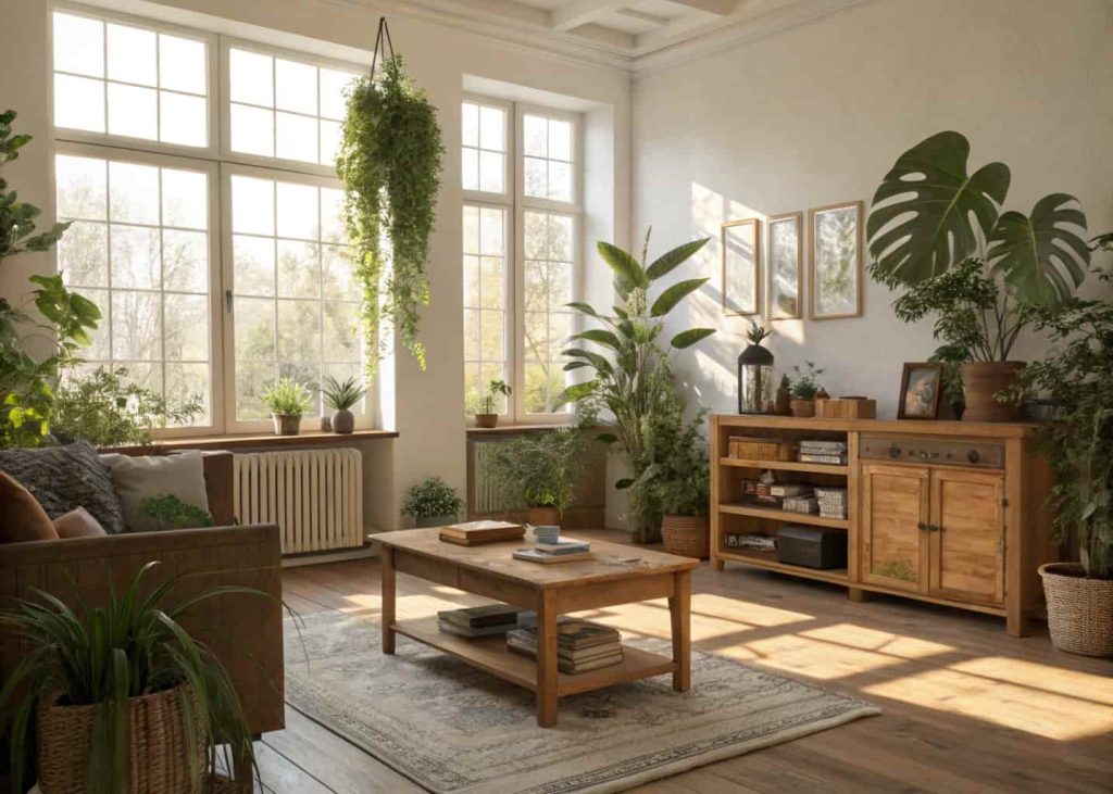 A bright living room with indoor plants, wooden accents, and sunlight streaming through the windows.