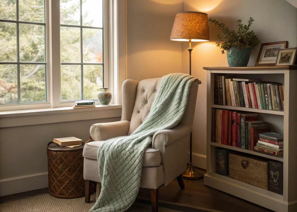A cozy reading nook with a comfy armchair, a soft blanket, a small bookshelf, and a warm lamp.